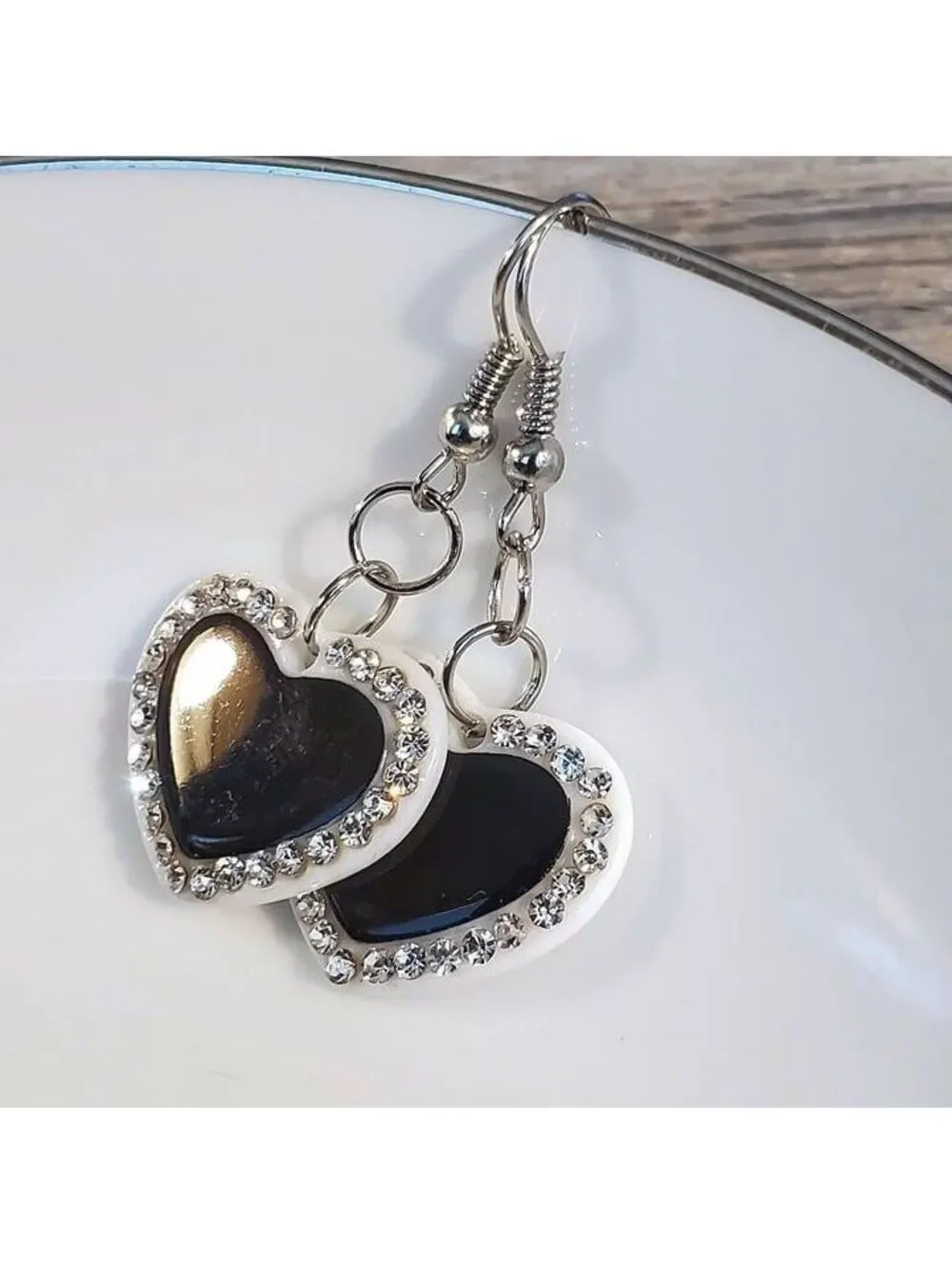 Vintage Y2K White Black Lucite Austrian Crystal Dangly Heart Earrings